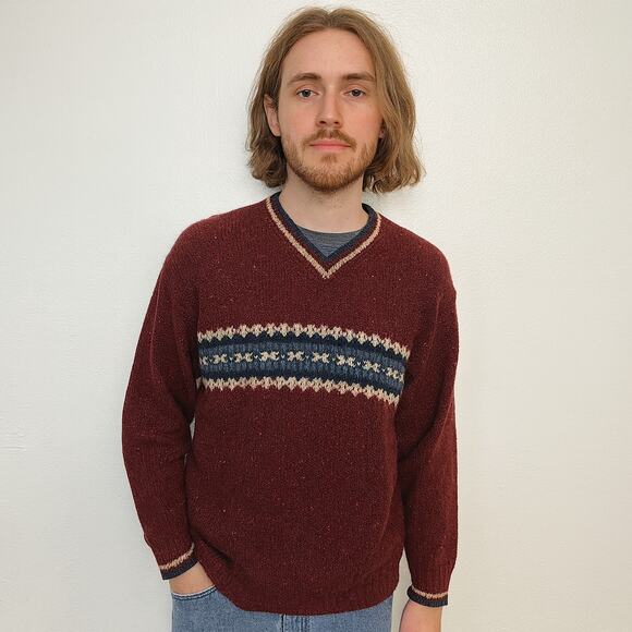 Vintage 90s Chaps Ralph Lauren Wool Sweater Mens Large Red Fair Isle Hand Framed - Picture 1 of 7